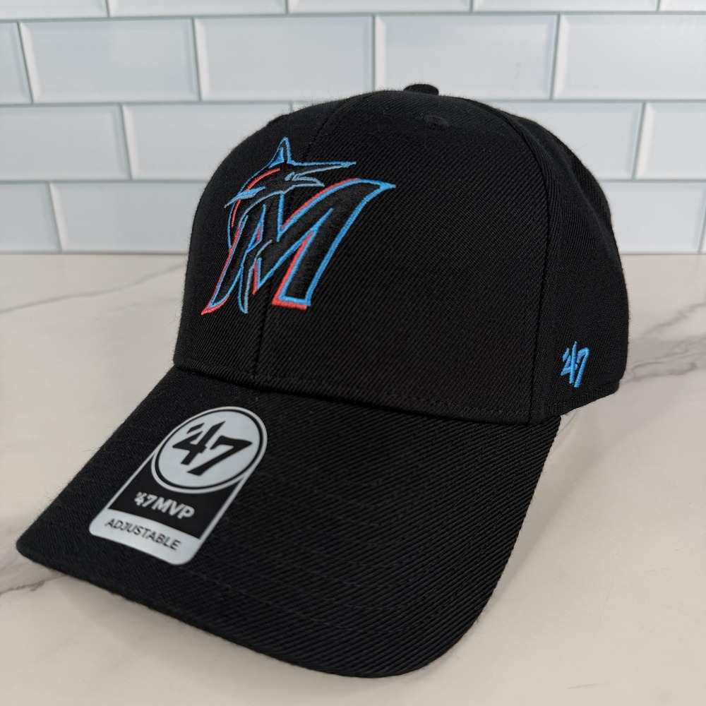 Miami Marlins Hat Cap Strap Back Mens Black MLB Baseball 47 MVP Wool Blend NWOT